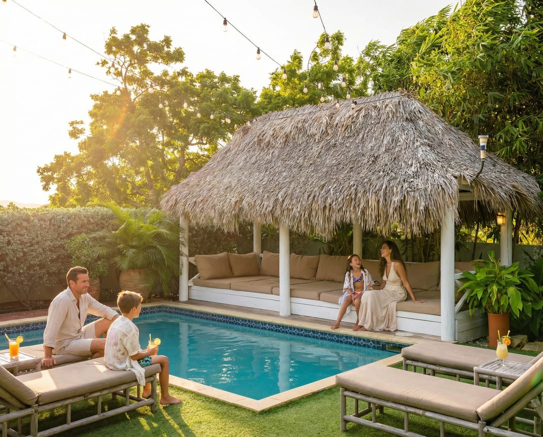 Family beside the pool and palapa at sunset at Happy Hideaway