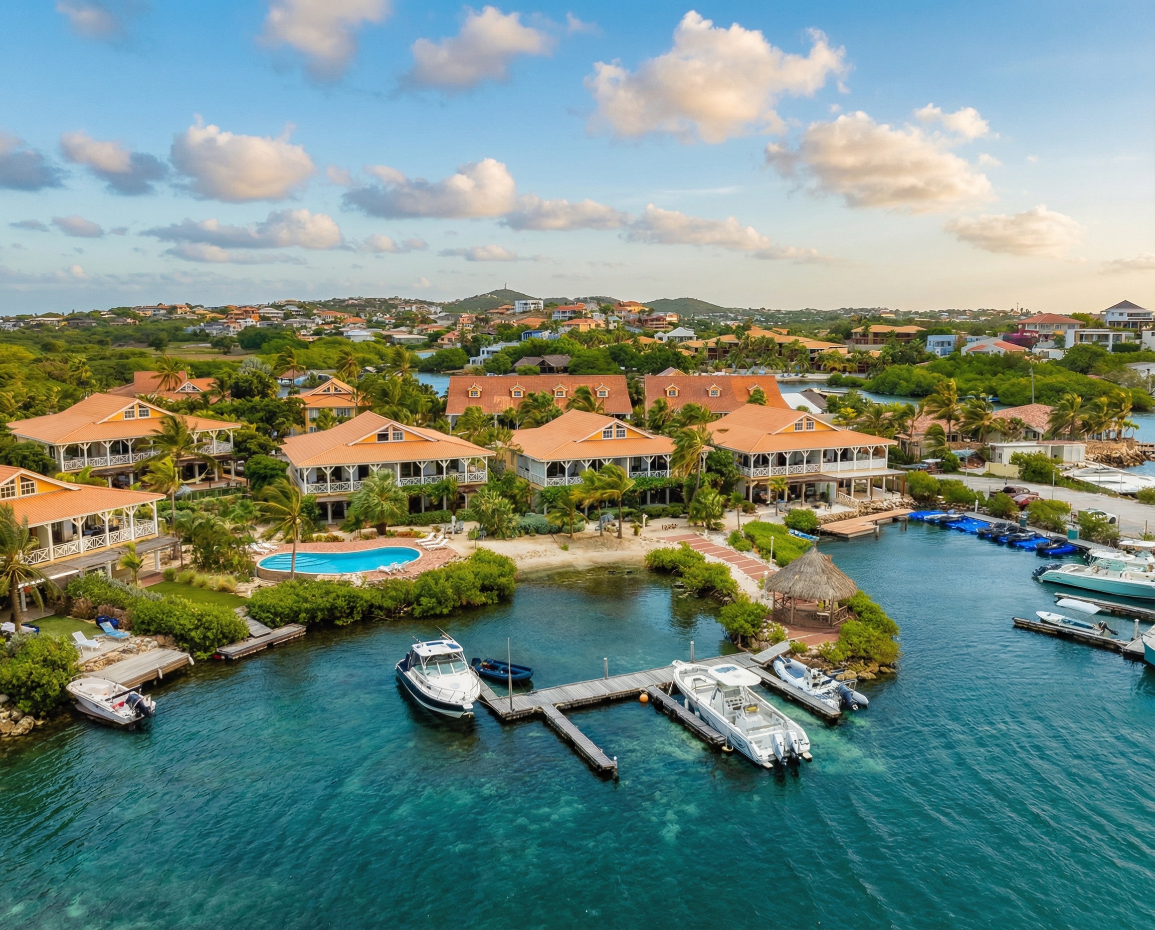 Tropical Haven beside the marina at golden hour
